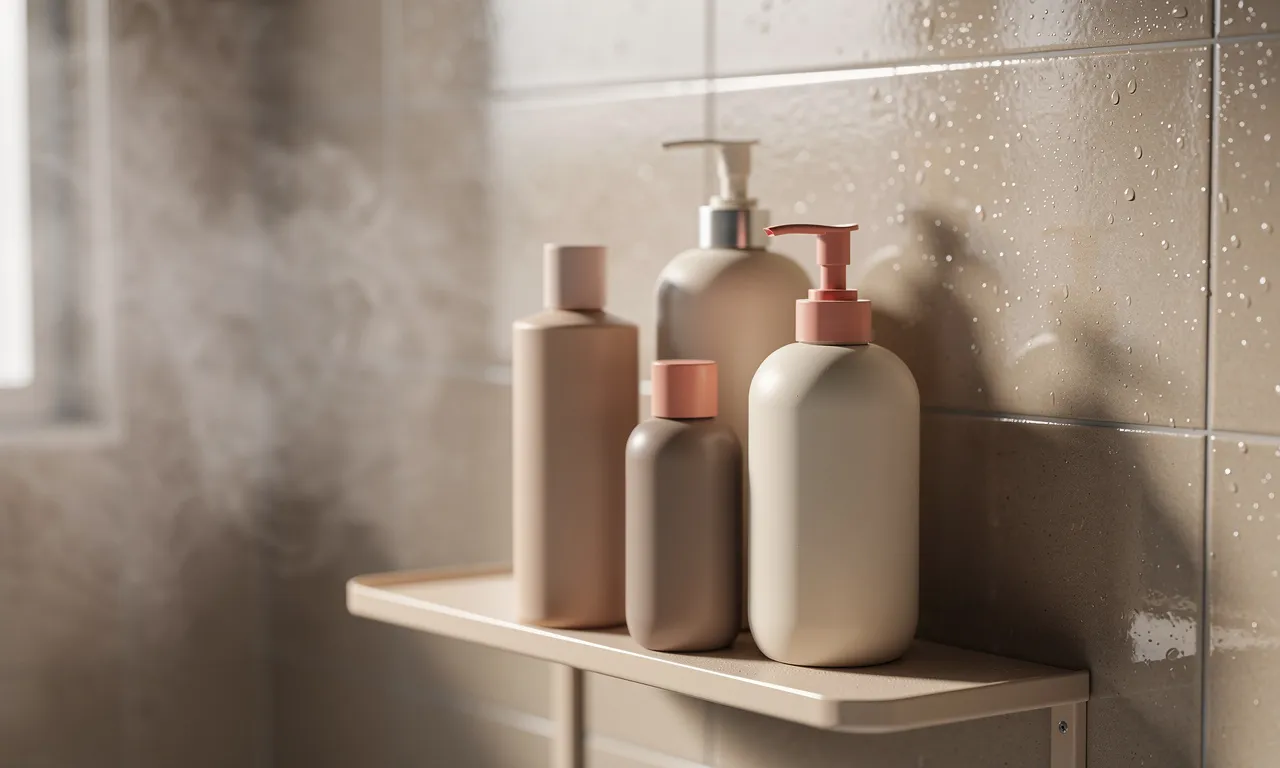 Produits capillaires observés sur une étagère de salle de bain